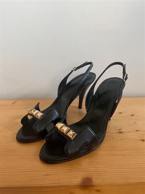 Hermes Black Leather Semelle Cuir Heeled Sandals .